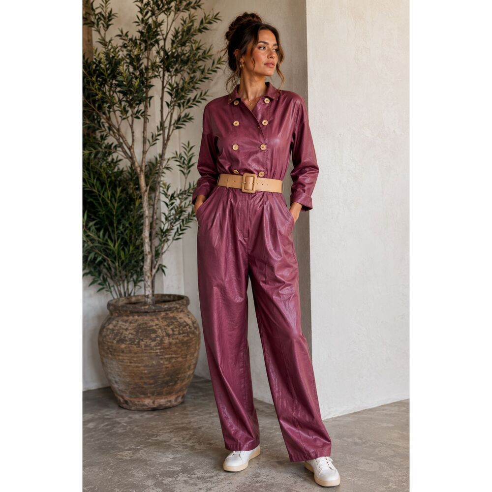 Vintage Brenner Women’s 8/10 Burgundy Belted Double Breasted Jumpsuit 80s 90s